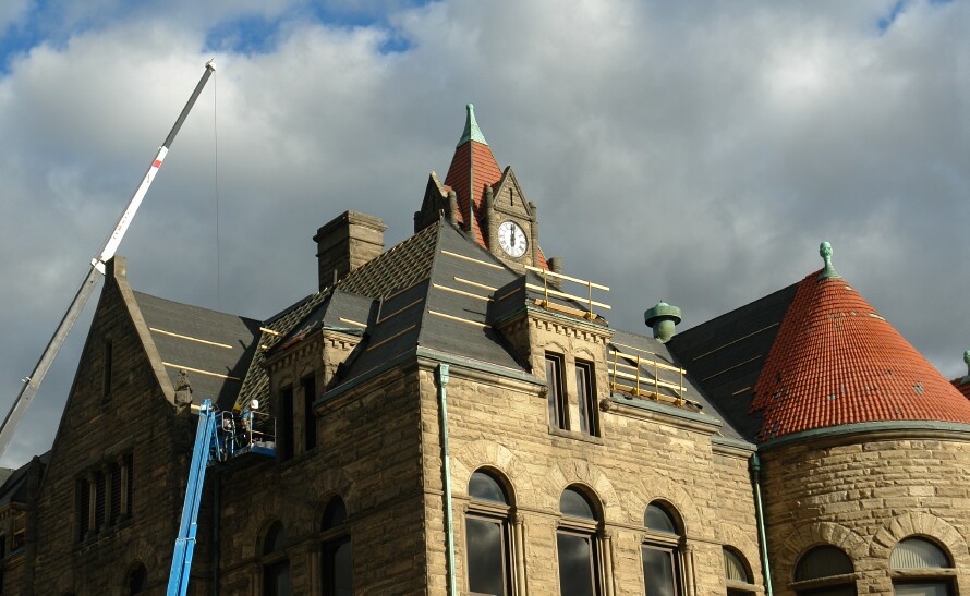 Late Evening Sun on City Hall Roof Workers