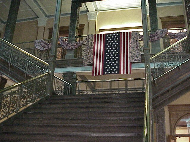 City hall stairs and flag